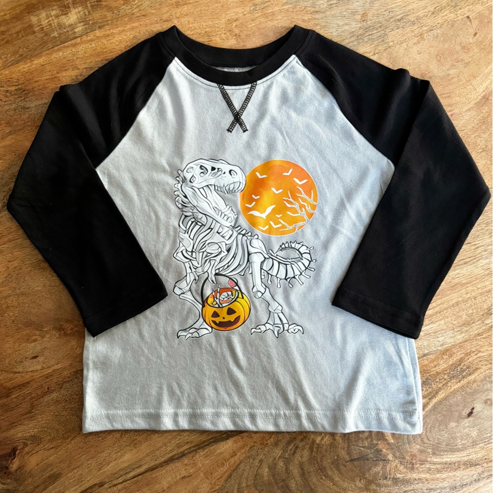 Kids’ Dinosaur Skeleton Halloween Raglan – Gray and Black Long Sleeve